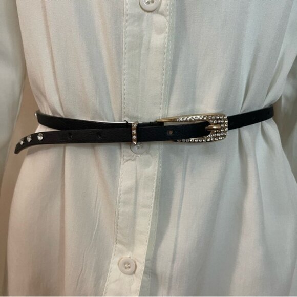 Black faux leather with rhinestones details minimalist skinny belt - Picture 1 of 8